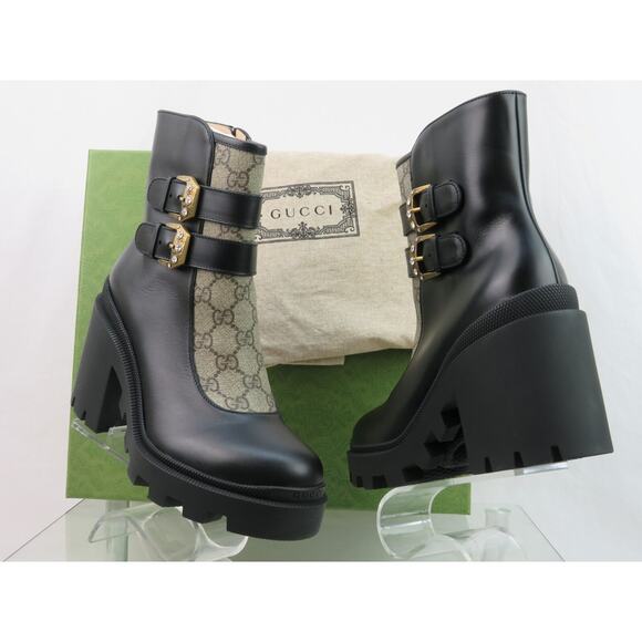 GUCCI SUPREME KENSINNGTON LEATHER LOGO MONOGRAM CRYSTALS BUCKLE SHORT BOOTS 39.5 - Picture 6 of 12